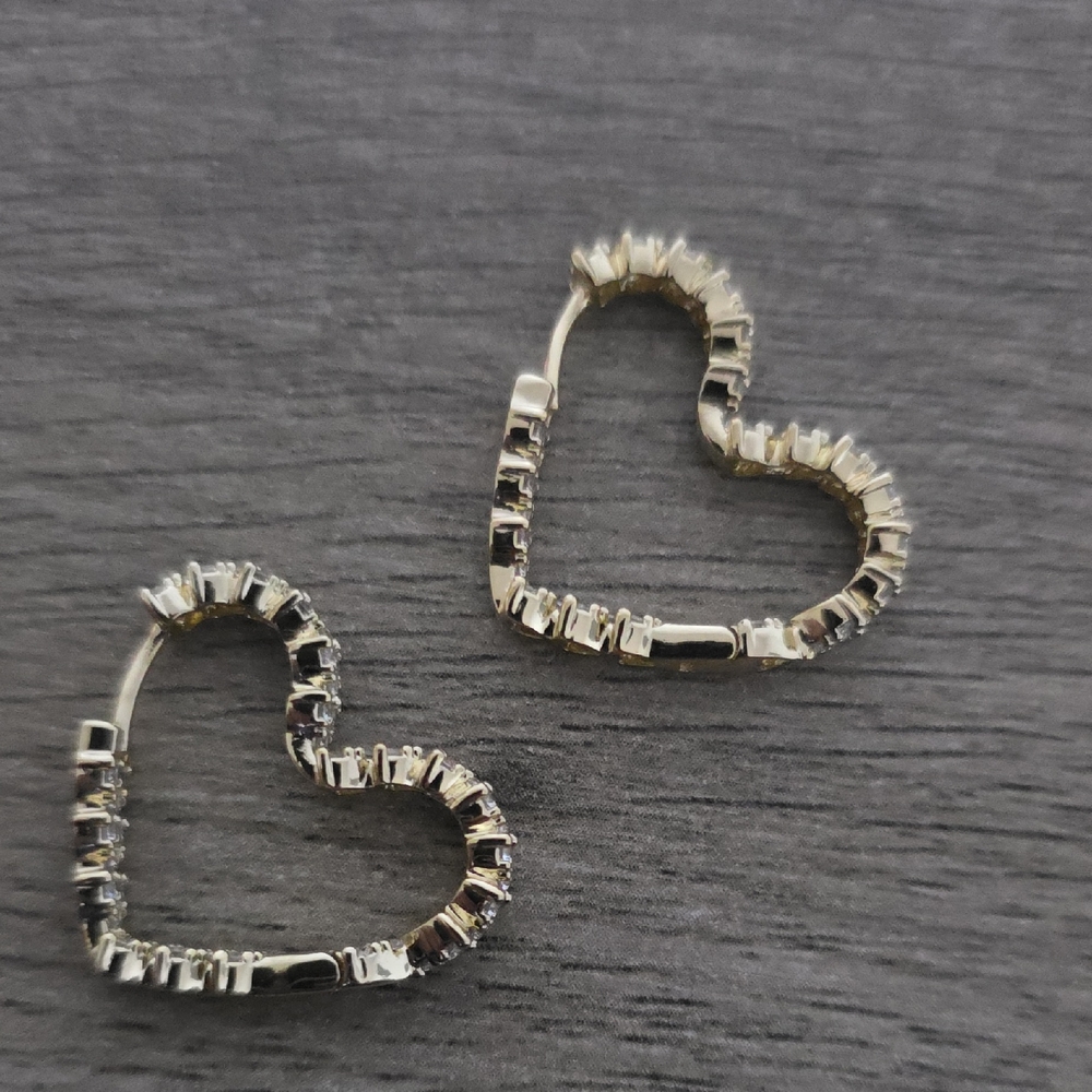 14k Gold Plated Heart-Shaped Silver Crystal Hoop Earrings - Silver